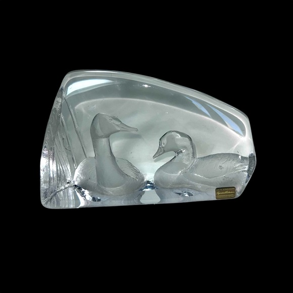 MATS JONASSON Two MallardDuck Lead Crystal Paperweight Sculpture Sweden Signed